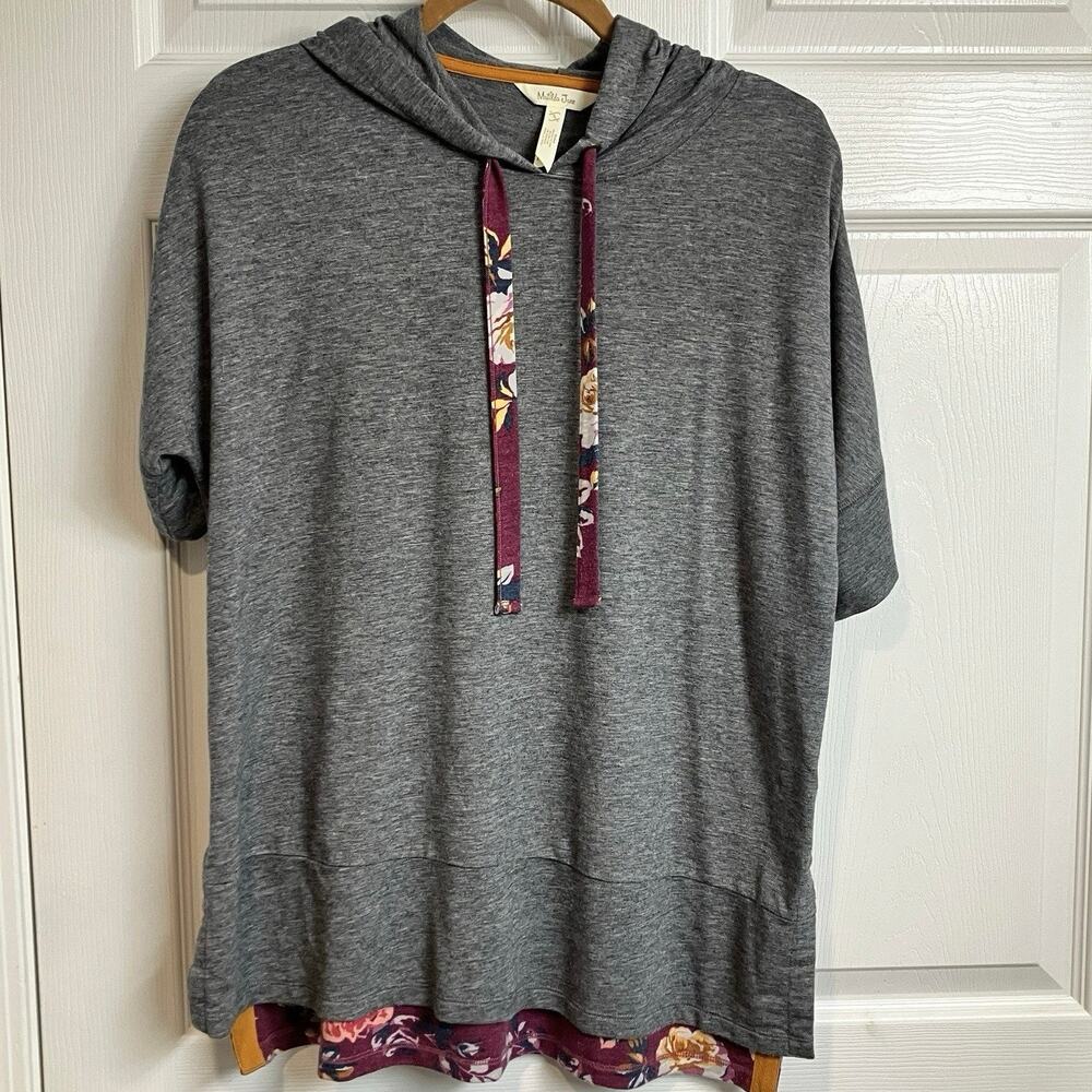 Matilda Jane Floral Trim Short Sleeve Hoodie Sweatshirt Tunic Gray Size S